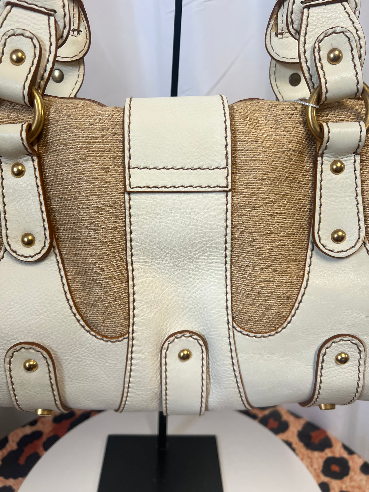 Valentino Garavani Beige Leather and Canvas Shoulder Bag
