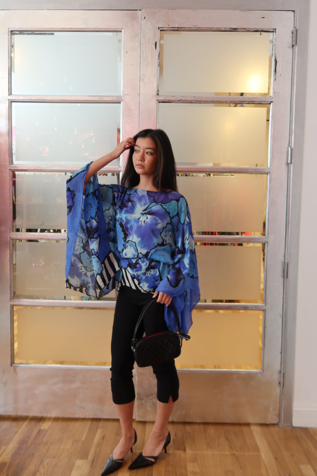 Roberto Cavalli Blue Watercolor Floral Silk Chiffon Top