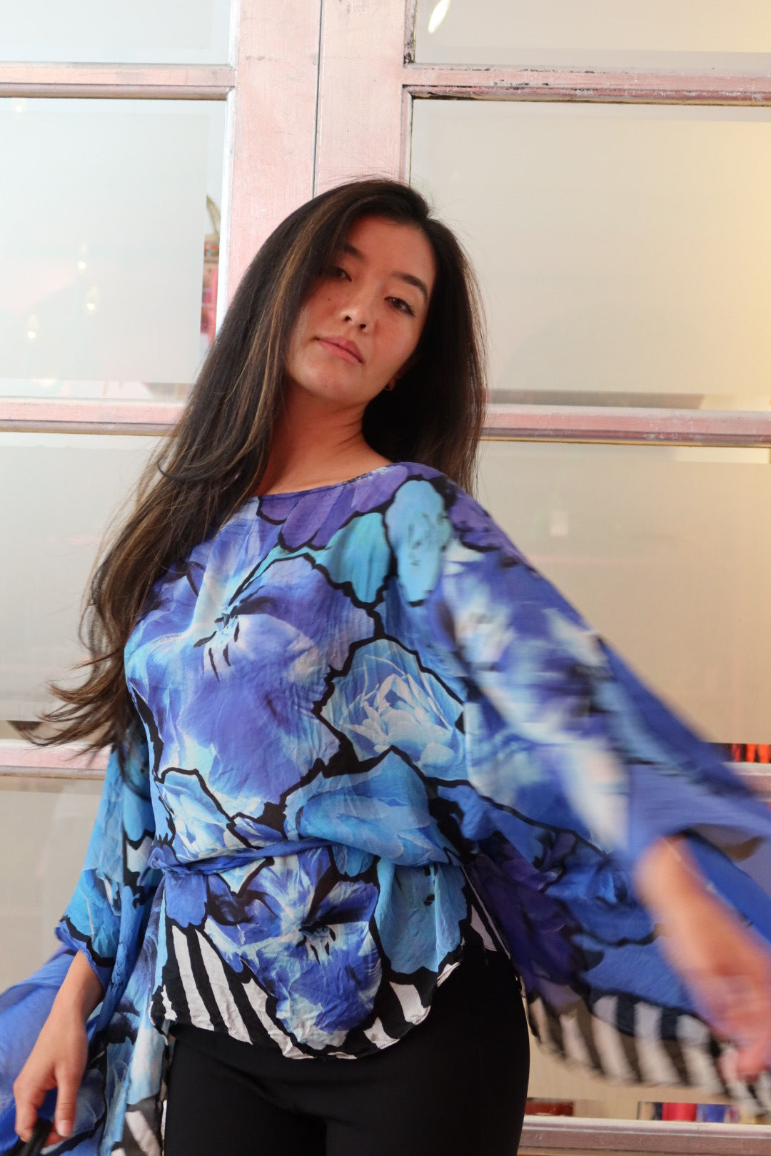 Roberto Cavalli Blue Watercolor Floral Silk Chiffon Top