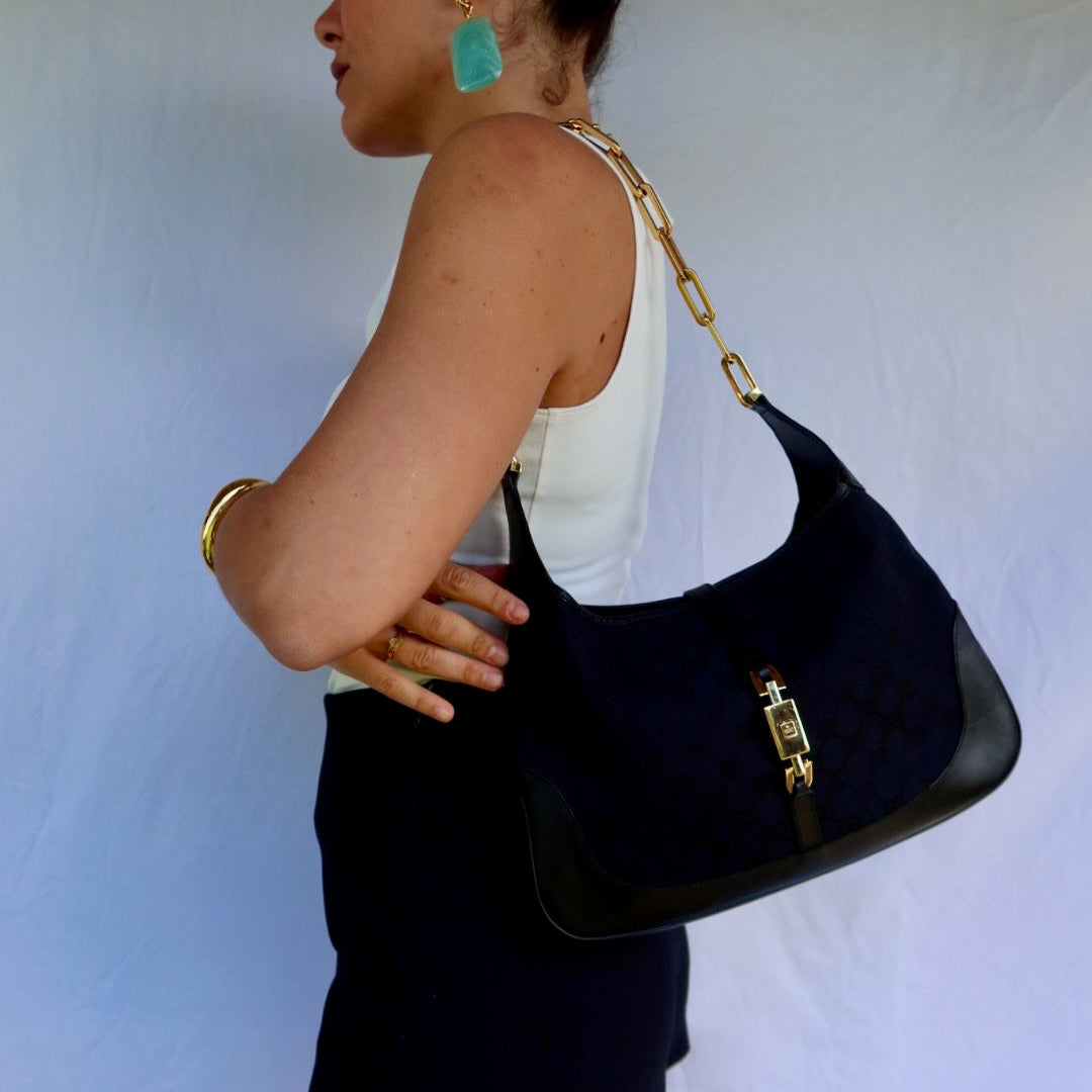 GUCCI Jackie Black GG Canvas Gold Chain
