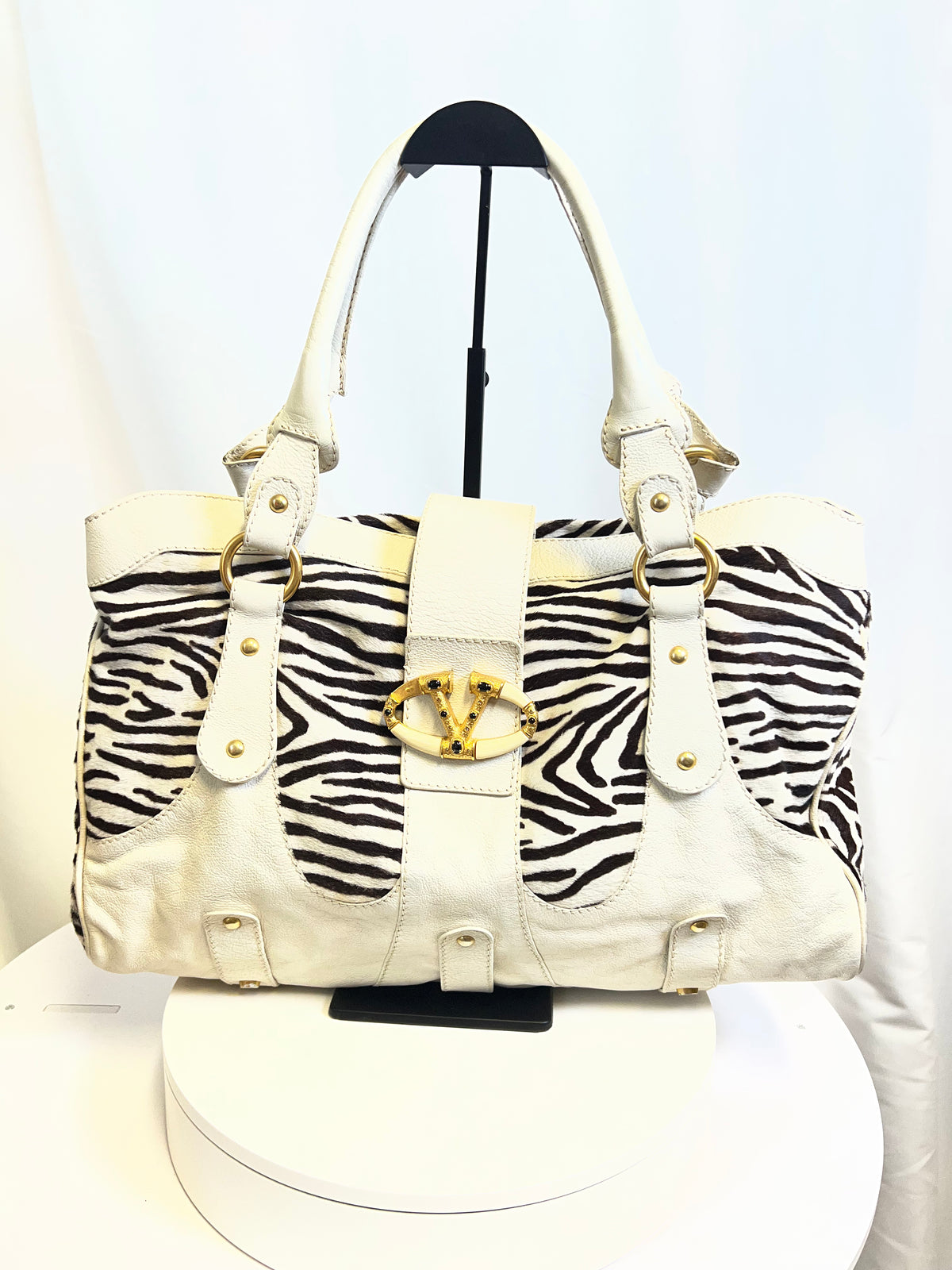 Valentino Zebra Pony Hair & White Leather Shoulder Bag c. 2005
