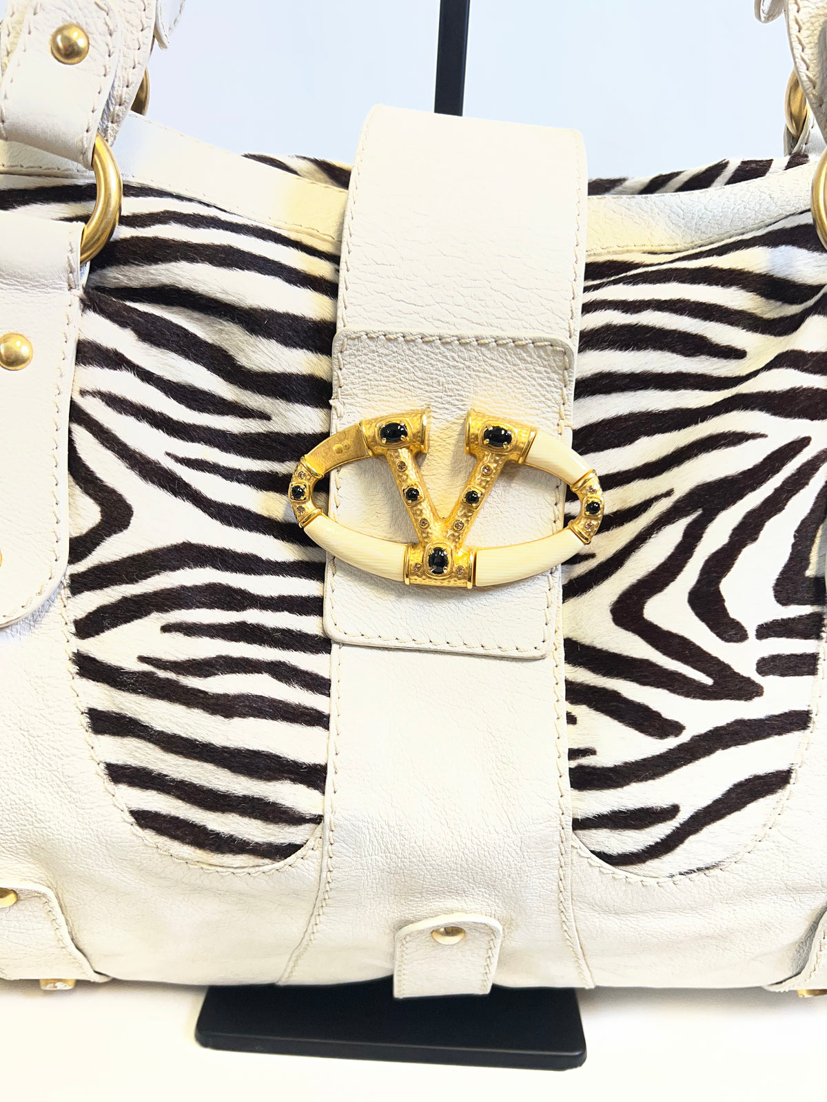 Valentino Zebra Pony Hair & White Leather Shoulder Bag c. 2005