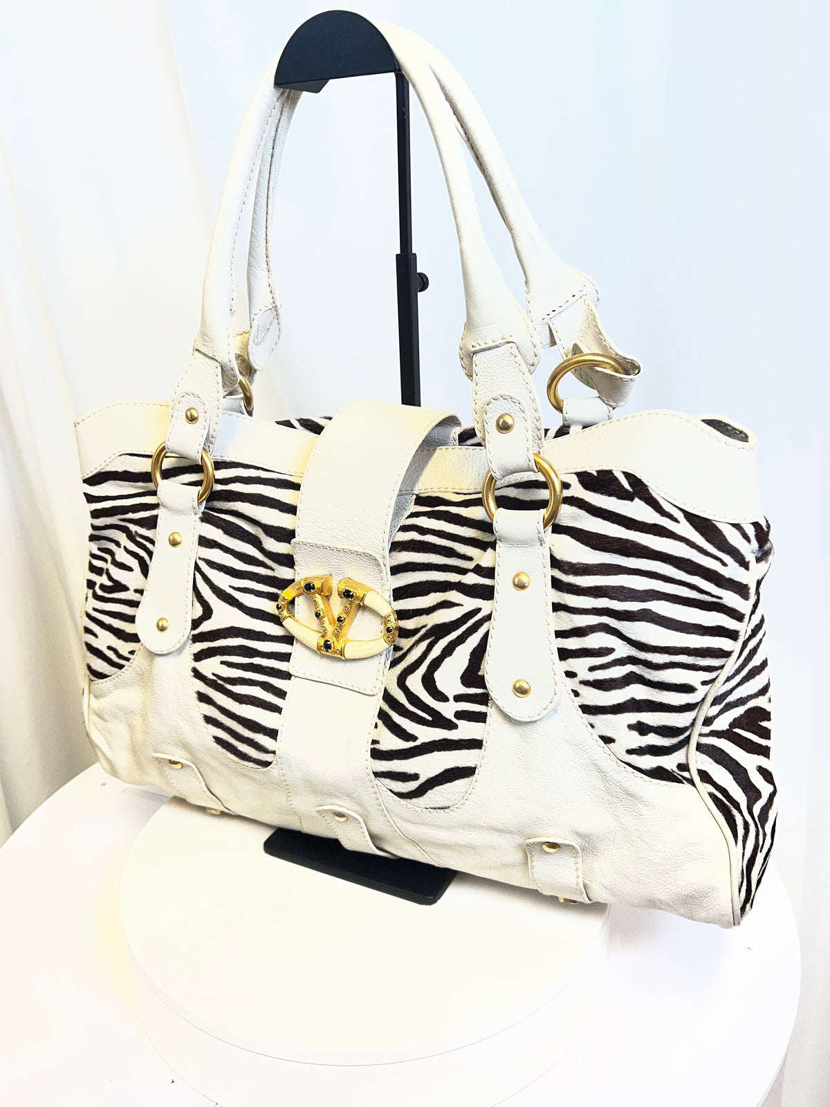 Valentino Zebra Pony Hair & White Leather Shoulder Bag c. 2005