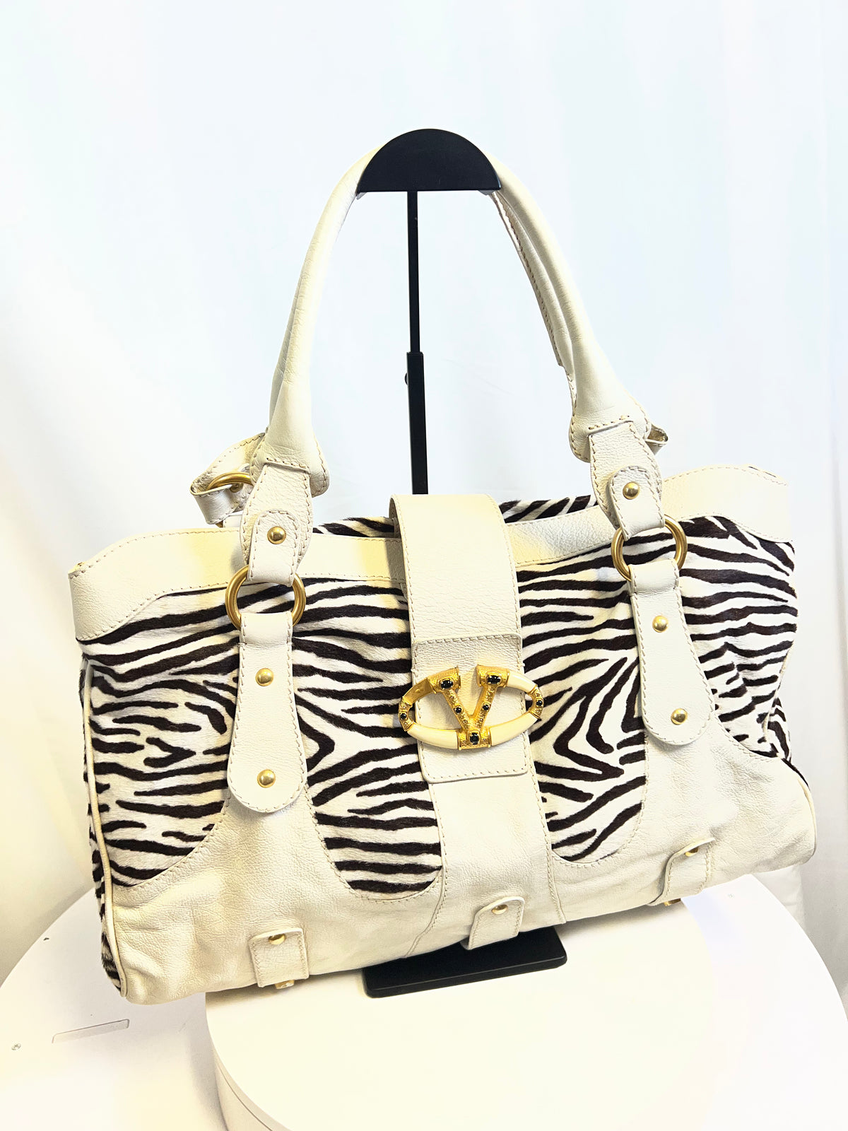 Valentino Zebra Pony Hair & White Leather Shoulder Bag c. 2005