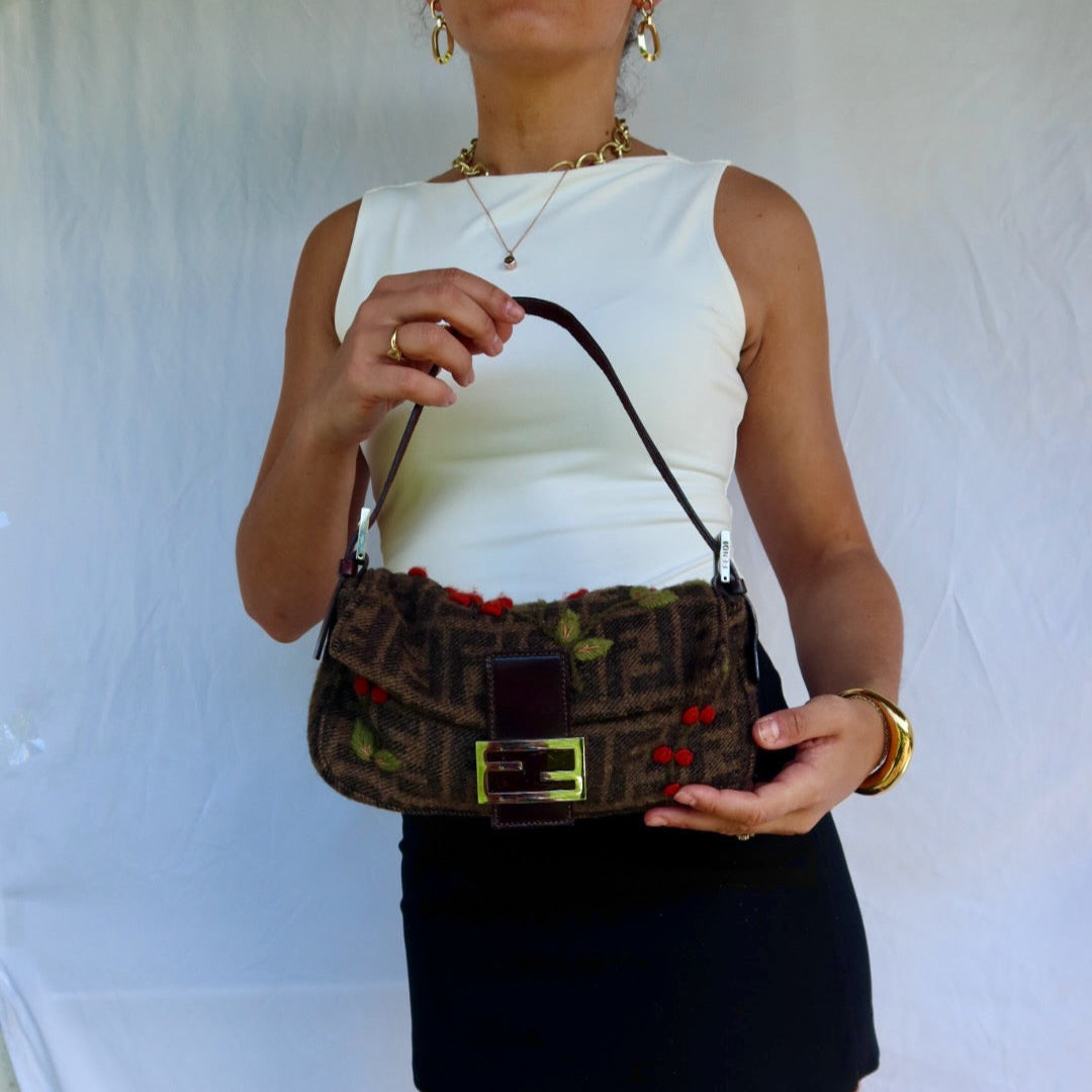 FENDI Baguette Zucca Wool Flower Embroidered