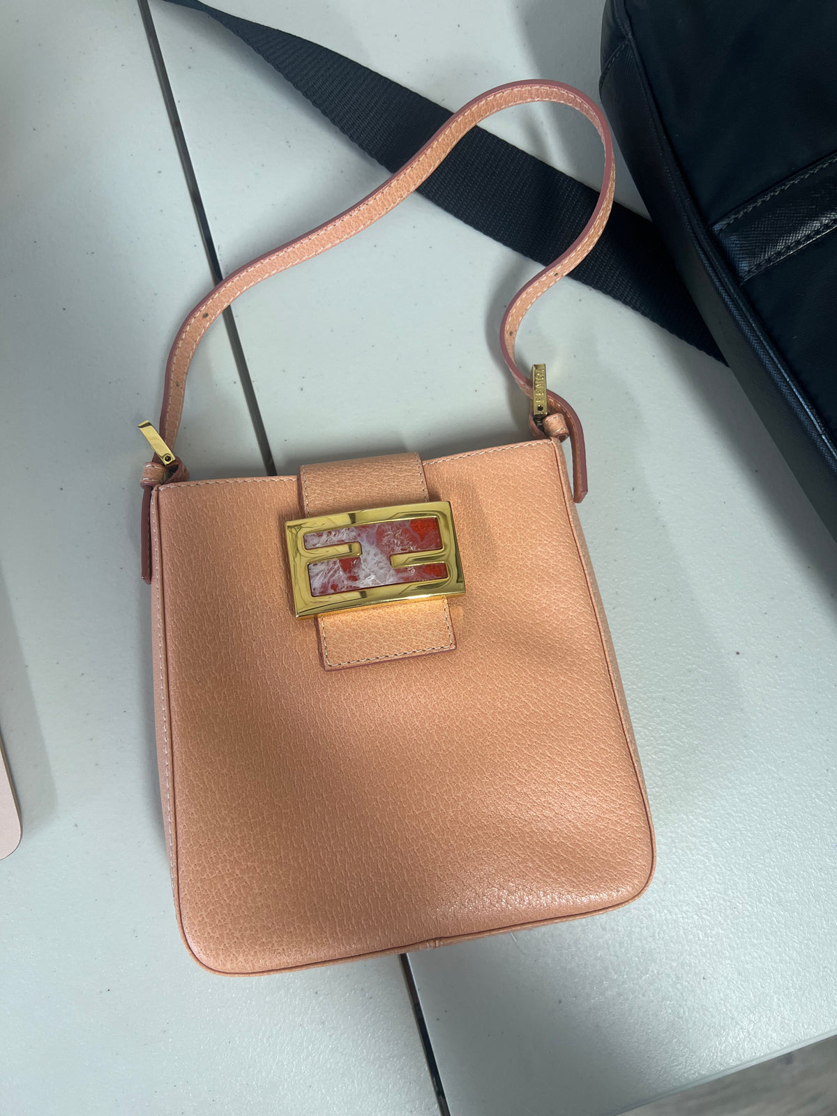 Fendi FF Logo Structured Shoulder Bag in Peach Leather