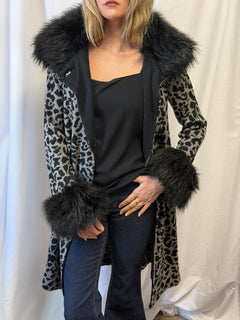 Betsey Johnson Leopard Print Faux Fur Trim Duster