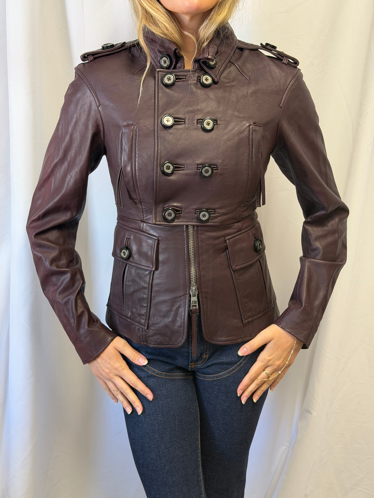 Deep Plum Leather Military Jacket