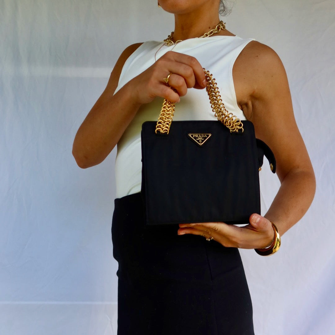 Prada Black Nylon Gold Chain Handbag