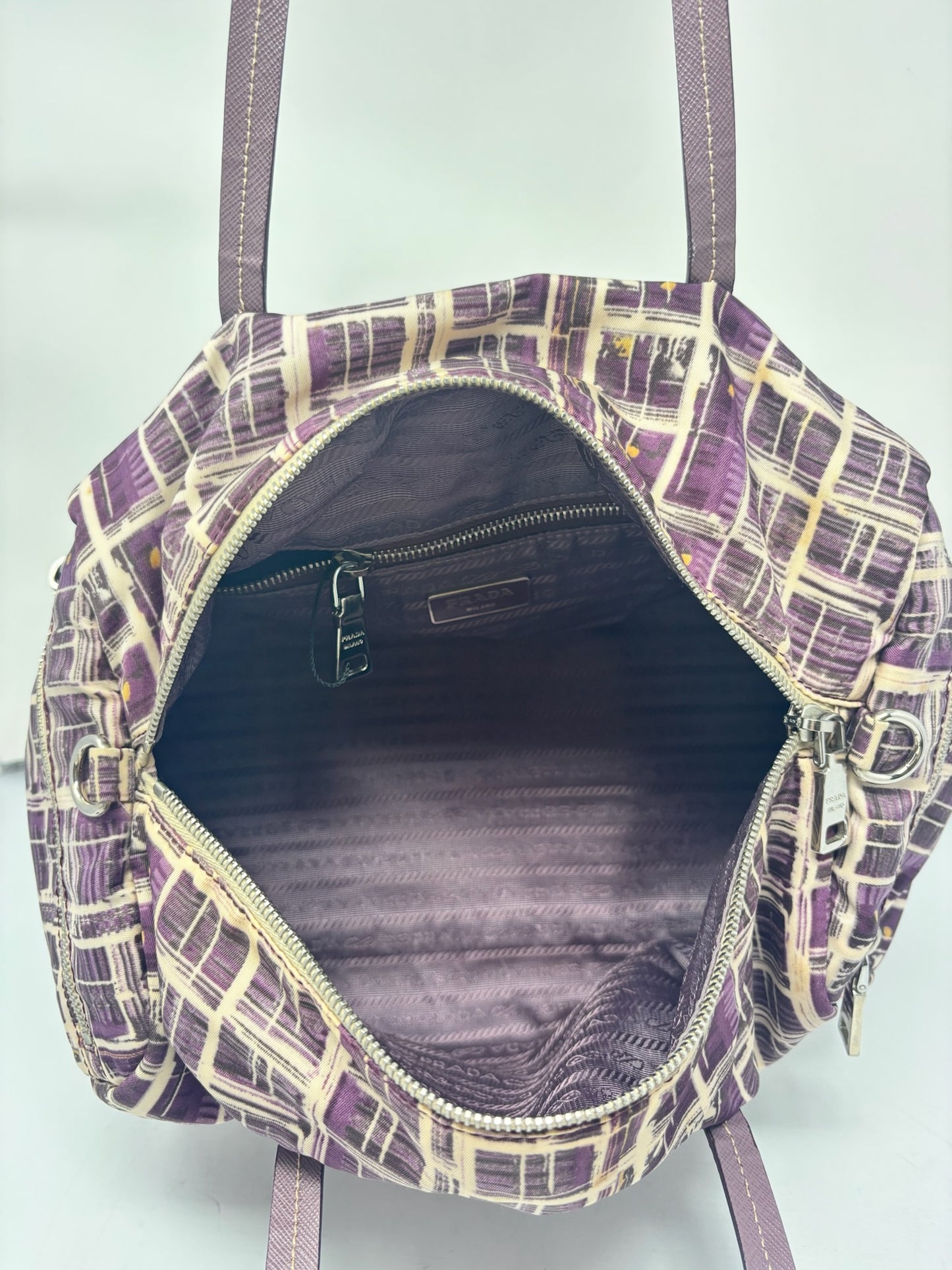 Prada Purple Saffiano-Trimmed Tessuto Stampato Bauletto