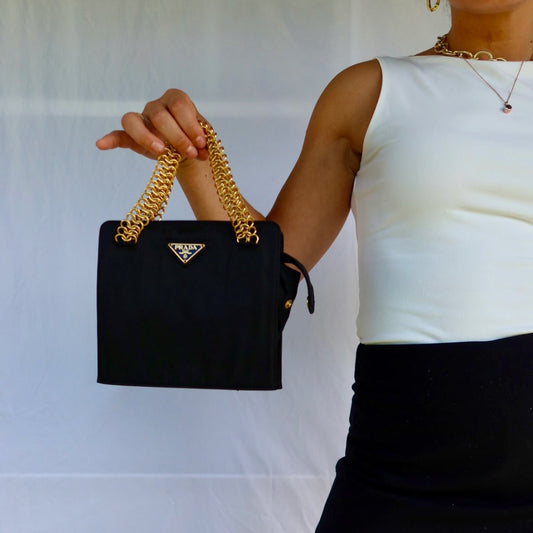 Prada Black Nylon Gold Chain Handbag