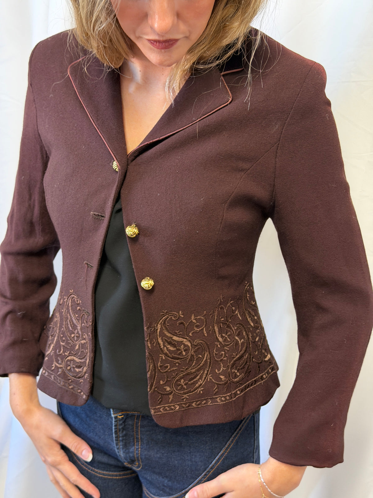 Vintage Caché Burgundy Embroidered Blazer