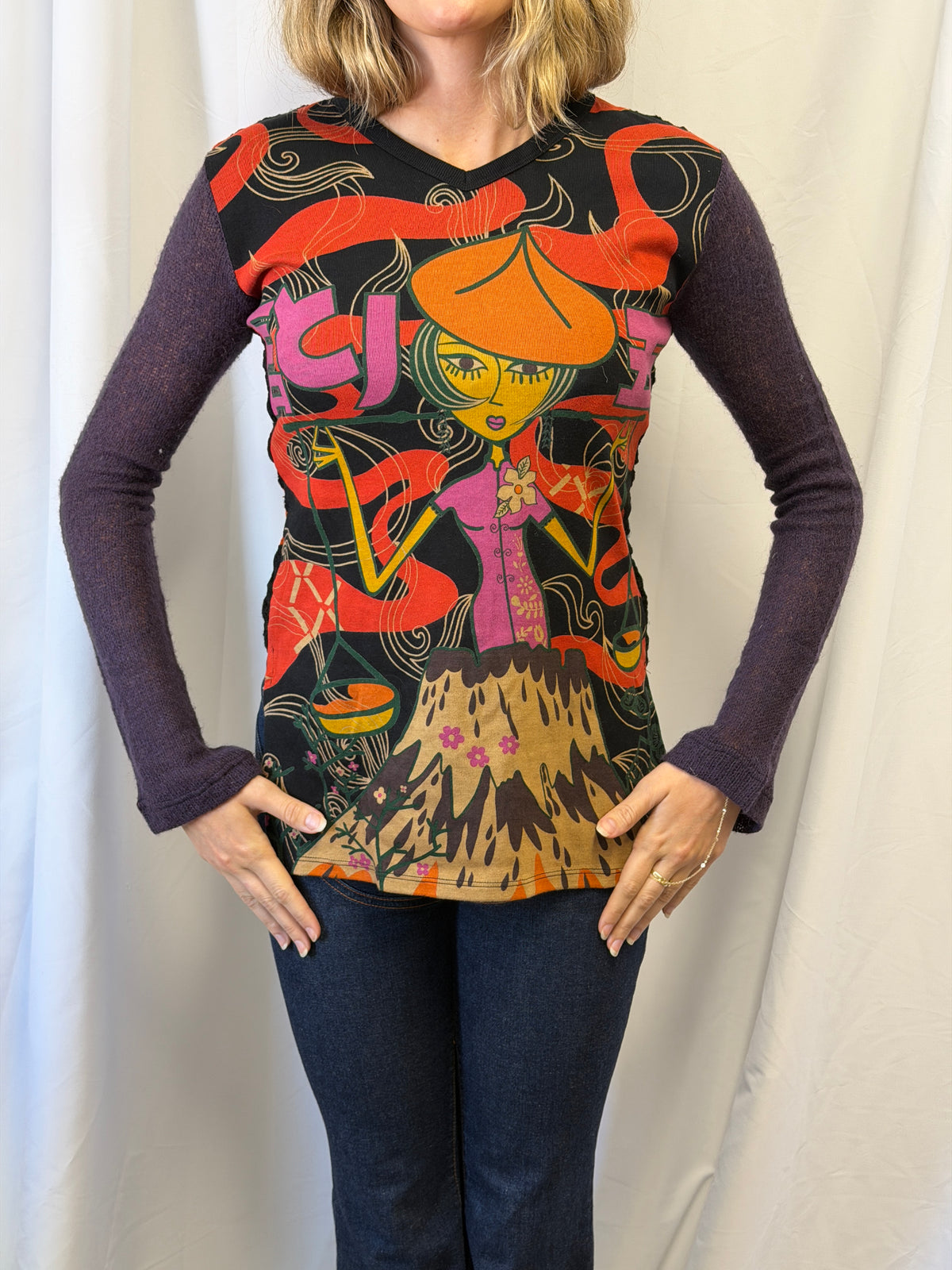 Custo Barcelona Graphic Print Crochet Long Sleeve Top