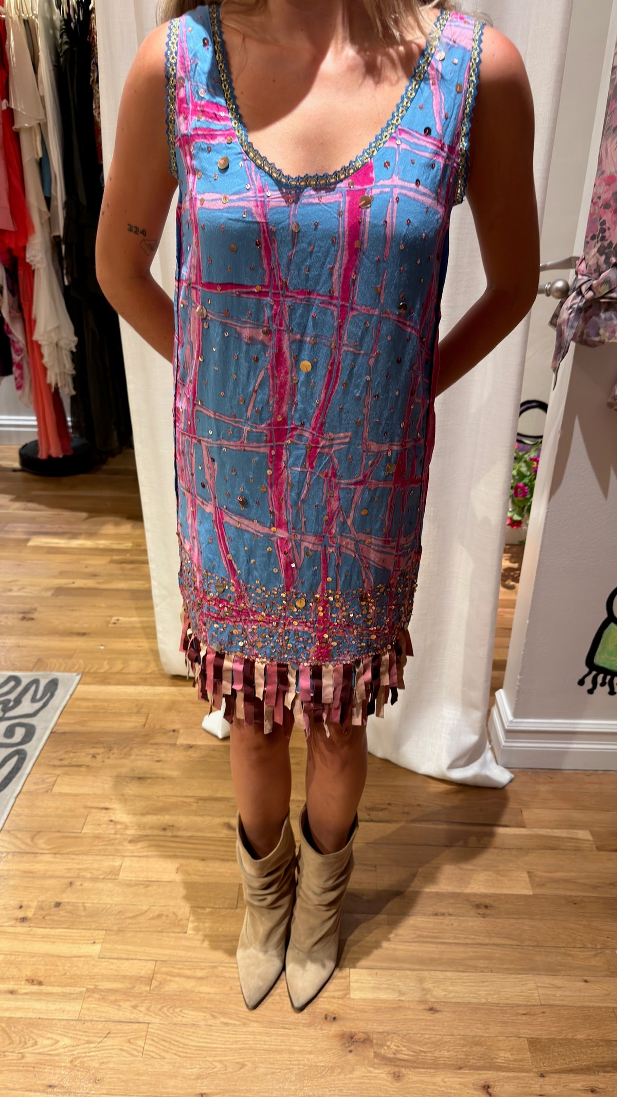 Custo Barcelona Y2K Sequin Fringe Printed Mini Dress