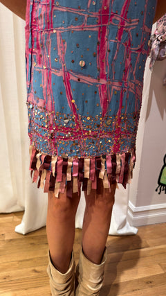 Custo Barcelona Y2K Sequin Fringe Printed Mini Dress