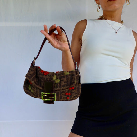 FENDI Baguette Zucca Wool Flower Embroidered