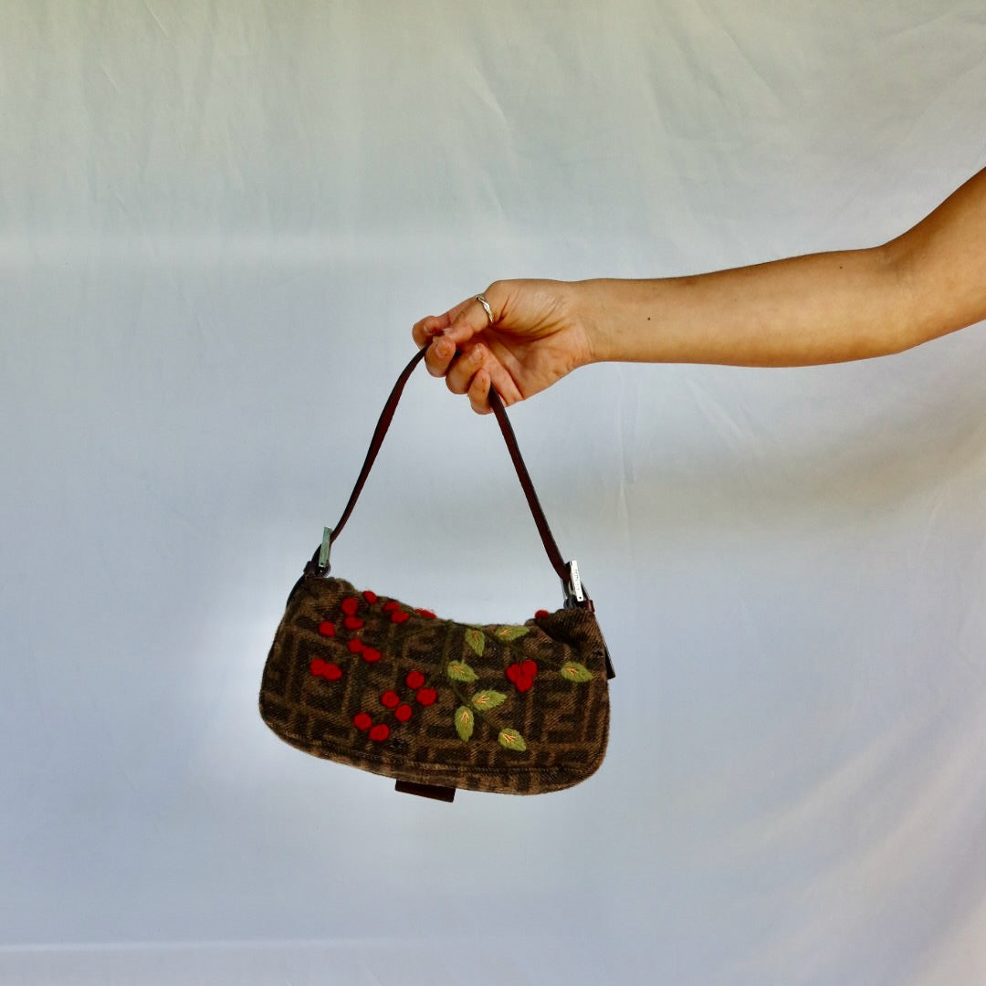 FENDI Baguette Zucca Wool Flower Embroidered
