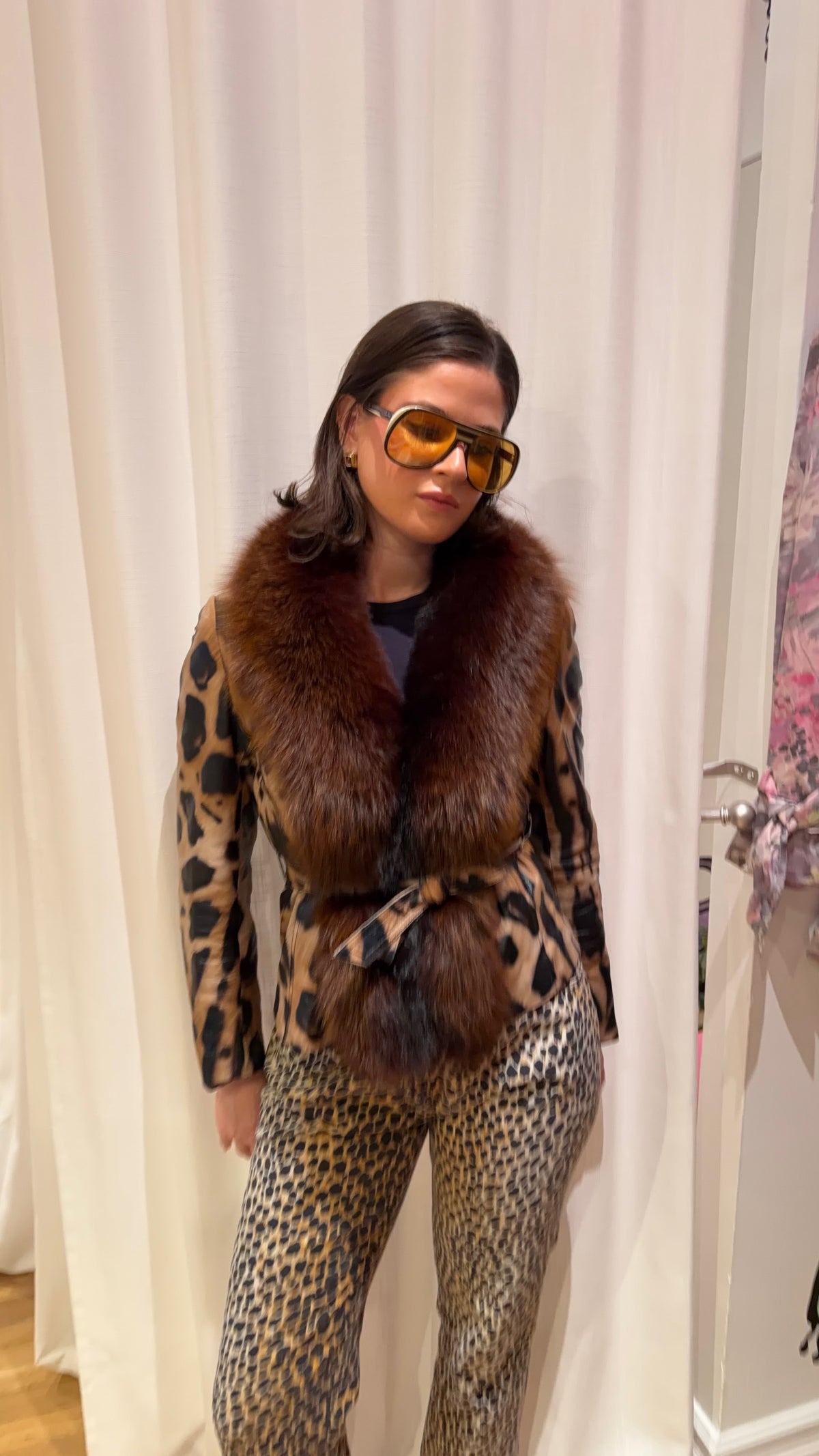 Leopard Print Leather Belted Jacket with Fur Collar Coats & Jackets Multicolor