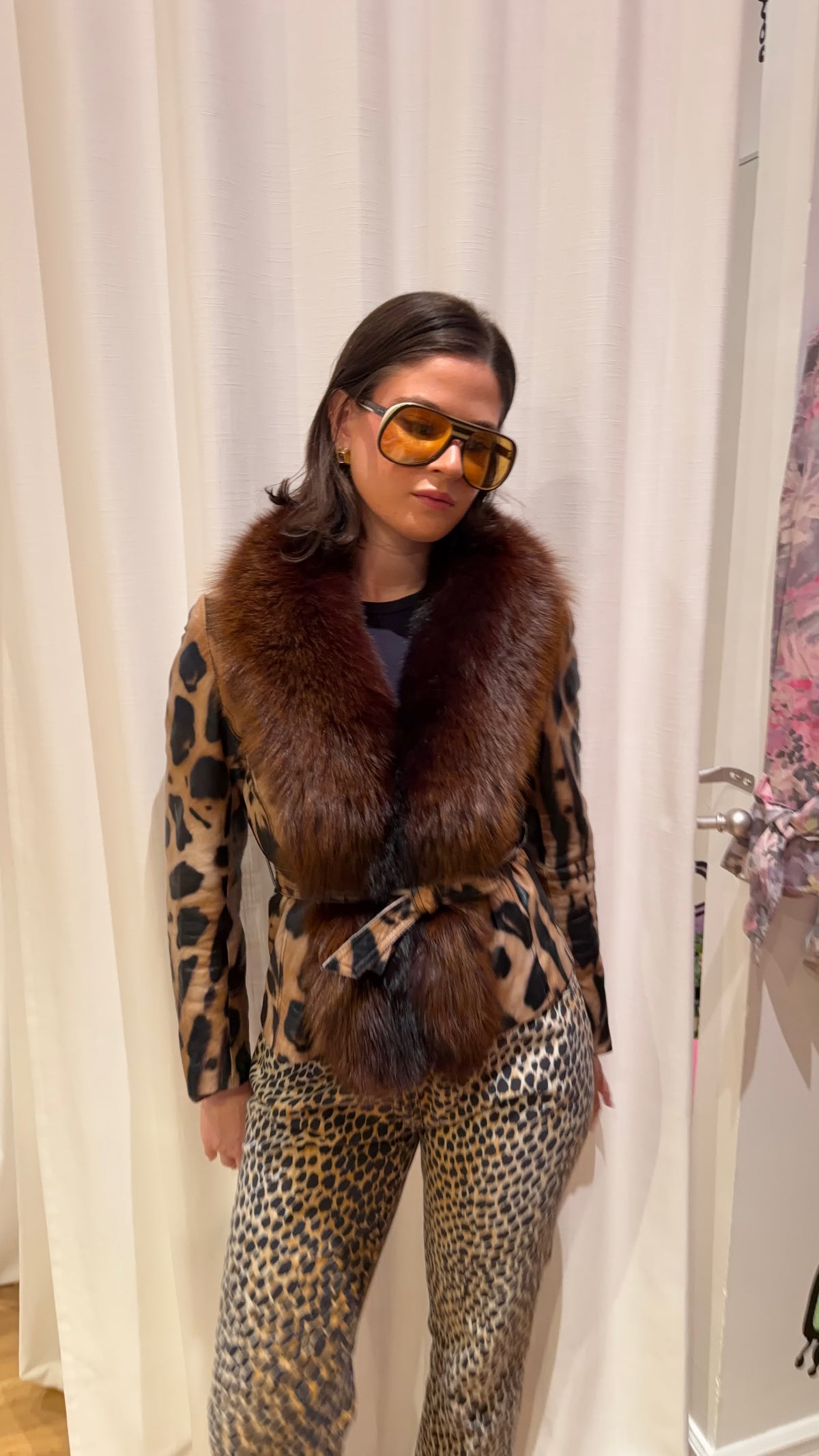 Leopard Print Leather Belted Jacket with Fur Collar Coats & Jackets Multicolor