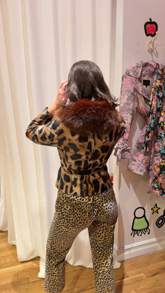 Leopard Print Leather Belted Jacket with Fur Collar Coats & Jackets Multicolor