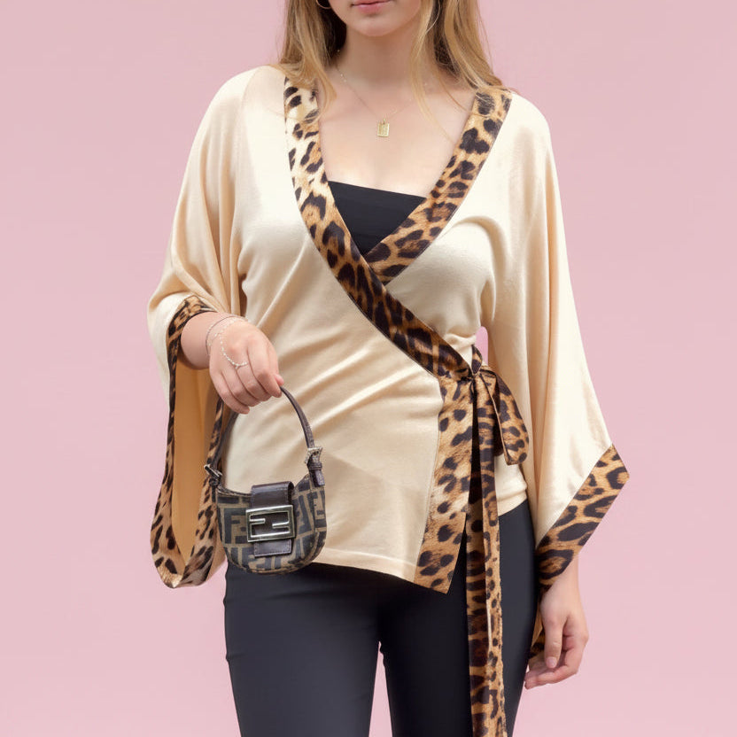 Roberto Cavalli Cream Knit Leopard Silk Wrap Top Mid-2000s - IT 40