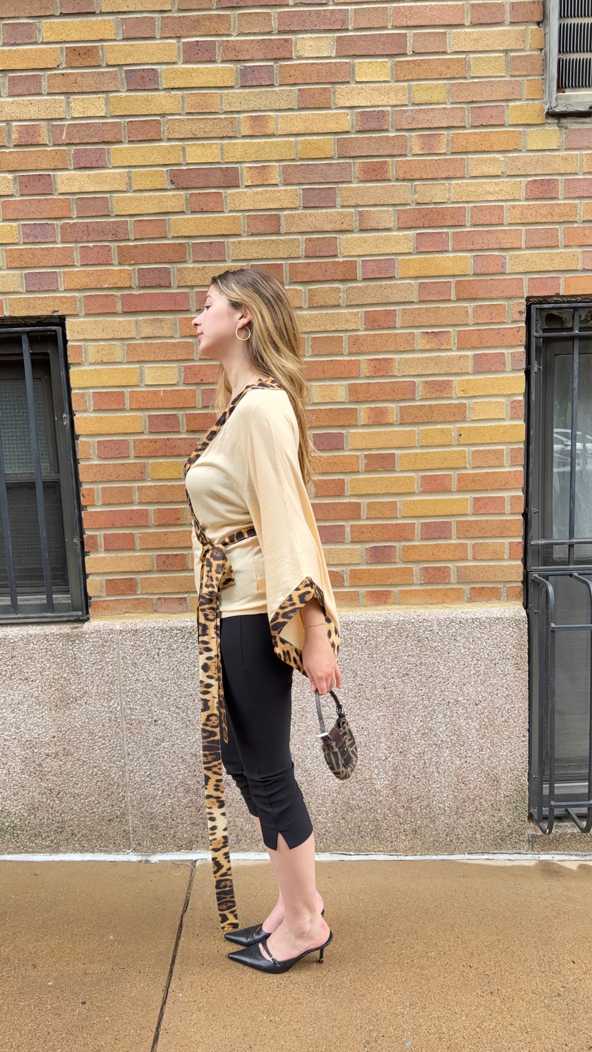 Roberto Cavalli Cream Knit Leopard Silk Wrap Top Mid-2000s - IT 40