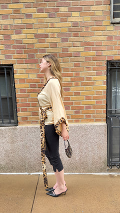 Roberto Cavalli Cream Knit Leopard Silk Wrap Top Mid-2000s - IT 40