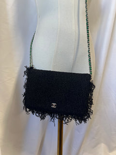 CHANEL Black Fringed Tweed Flap Wallet on Chain (WOC)