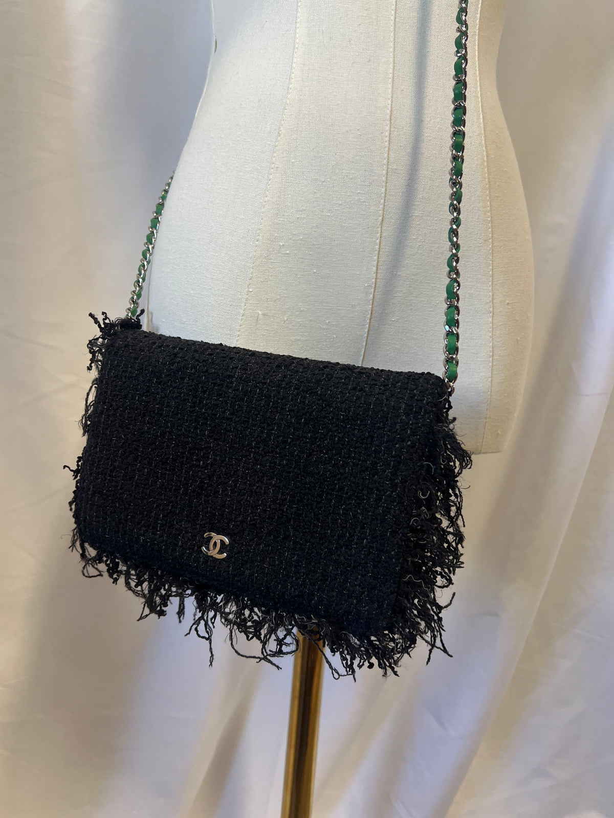 CHANEL Black Fringed Tweed Flap Wallet on Chain (WOC)