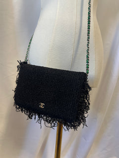 CHANEL Black Fringed Tweed Flap Wallet on Chain (WOC)