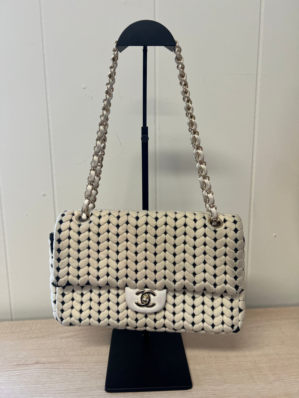 CHANEL Flap Bag Beige Woven Knit
