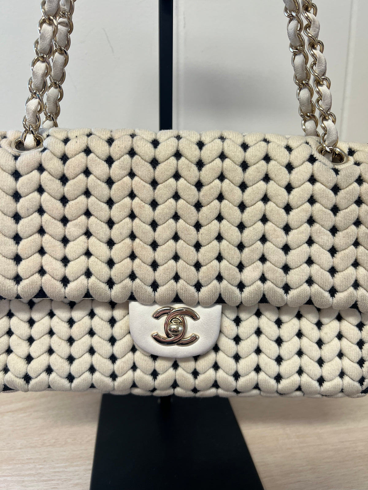 CHANEL Flap Bag Beige Woven Knit