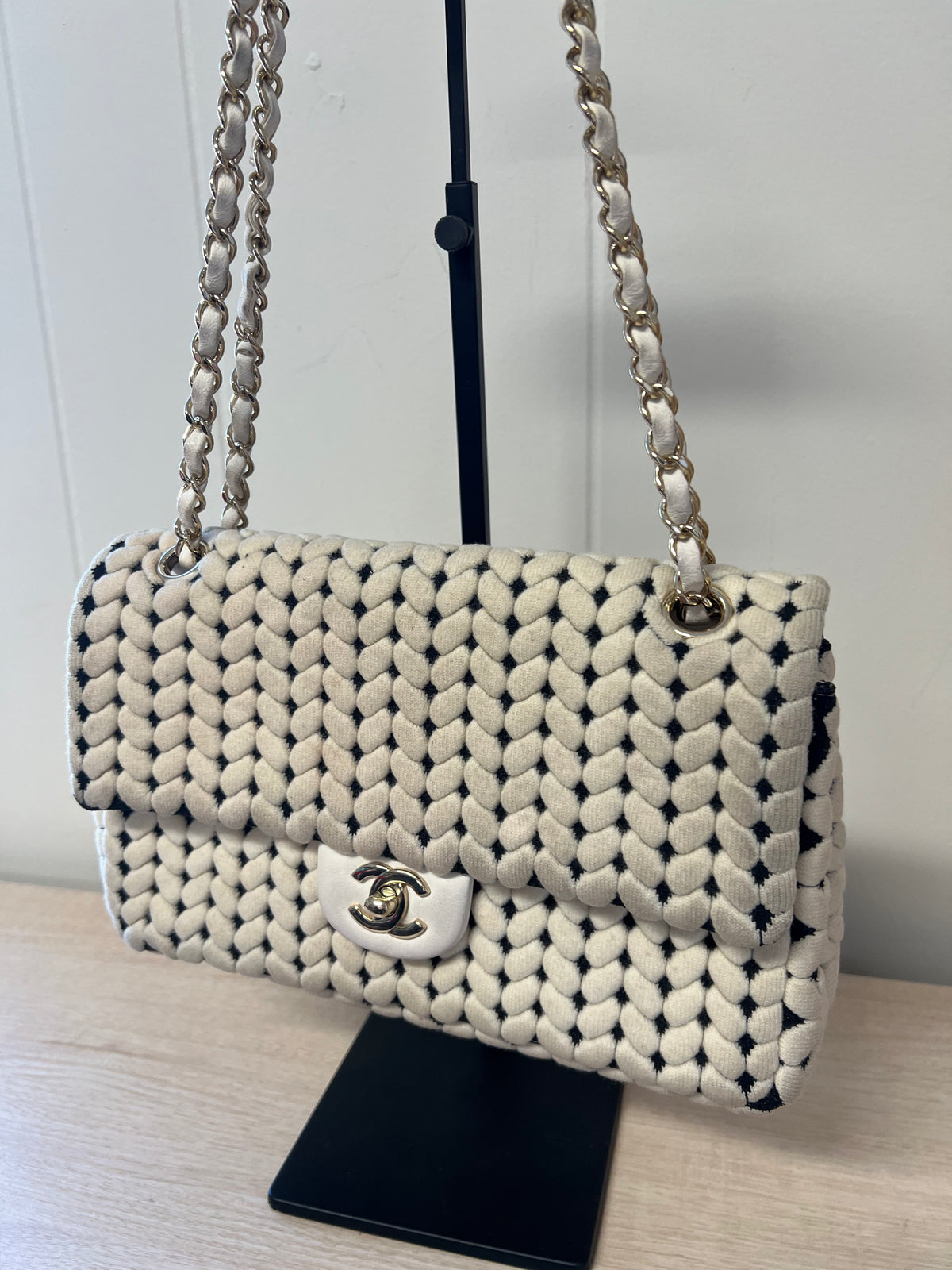 CHANEL Flap Bag Beige Woven Knit