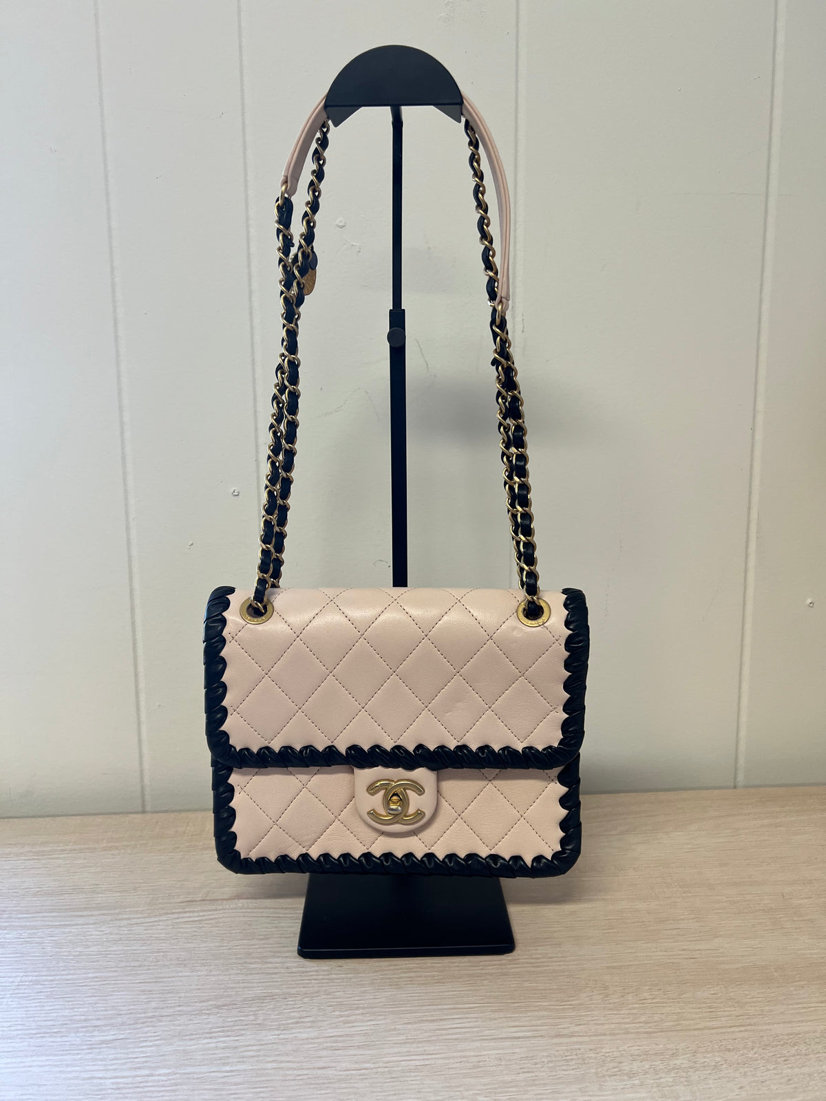 CHANEL Light Pink Lambskin & Black Whipstitch