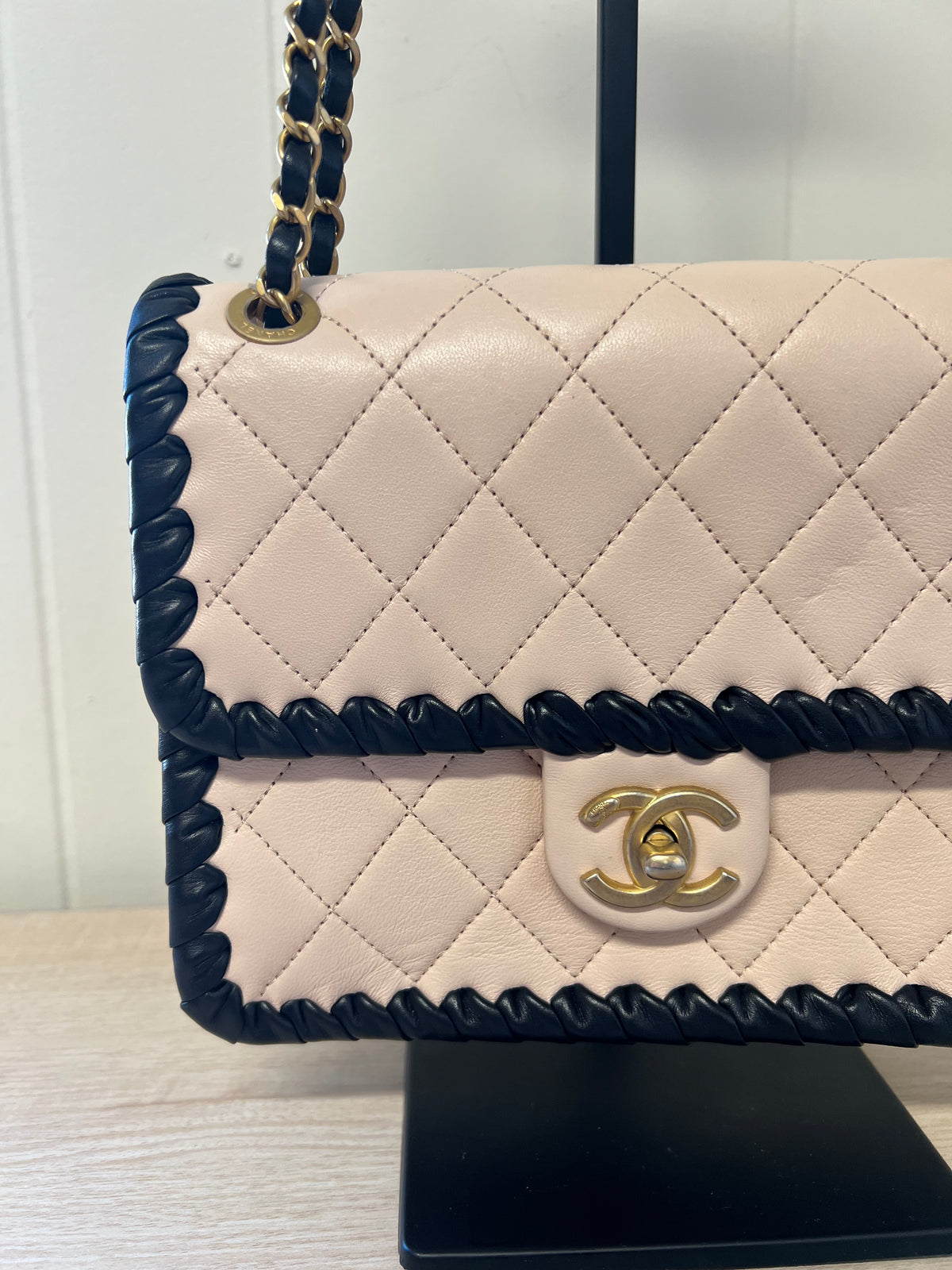 CHANEL Light Pink Lambskin & Black Whipstitch