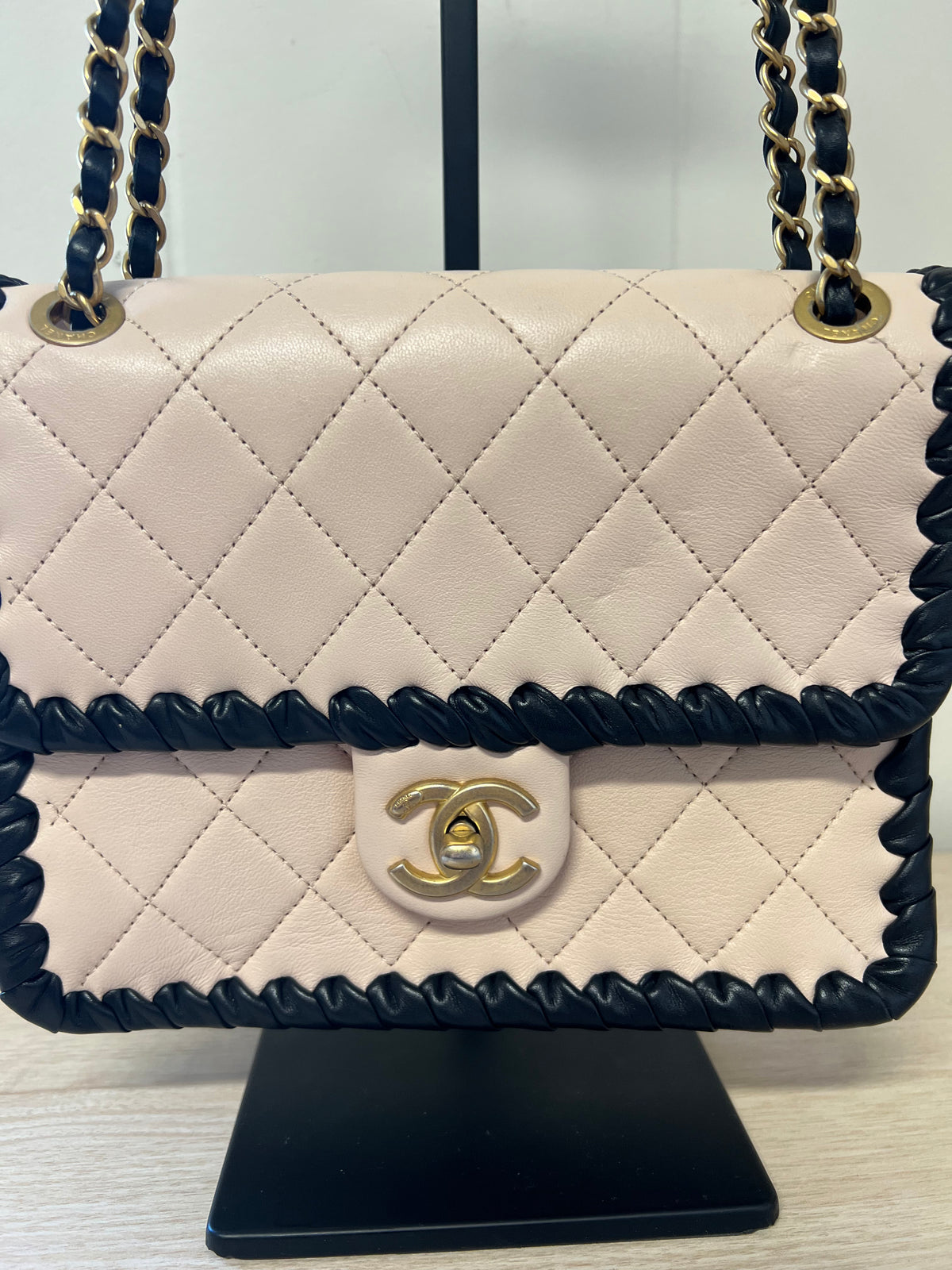CHANEL Light Pink Lambskin & Black Whipstitch