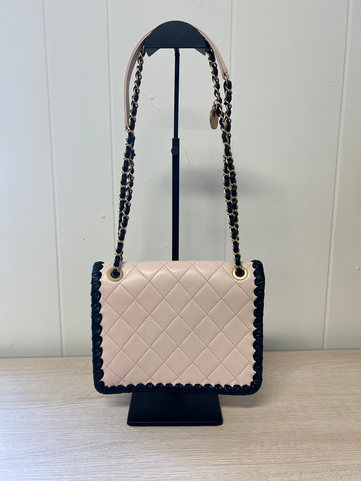 CHANEL Light Pink Lambskin & Black Whipstitch