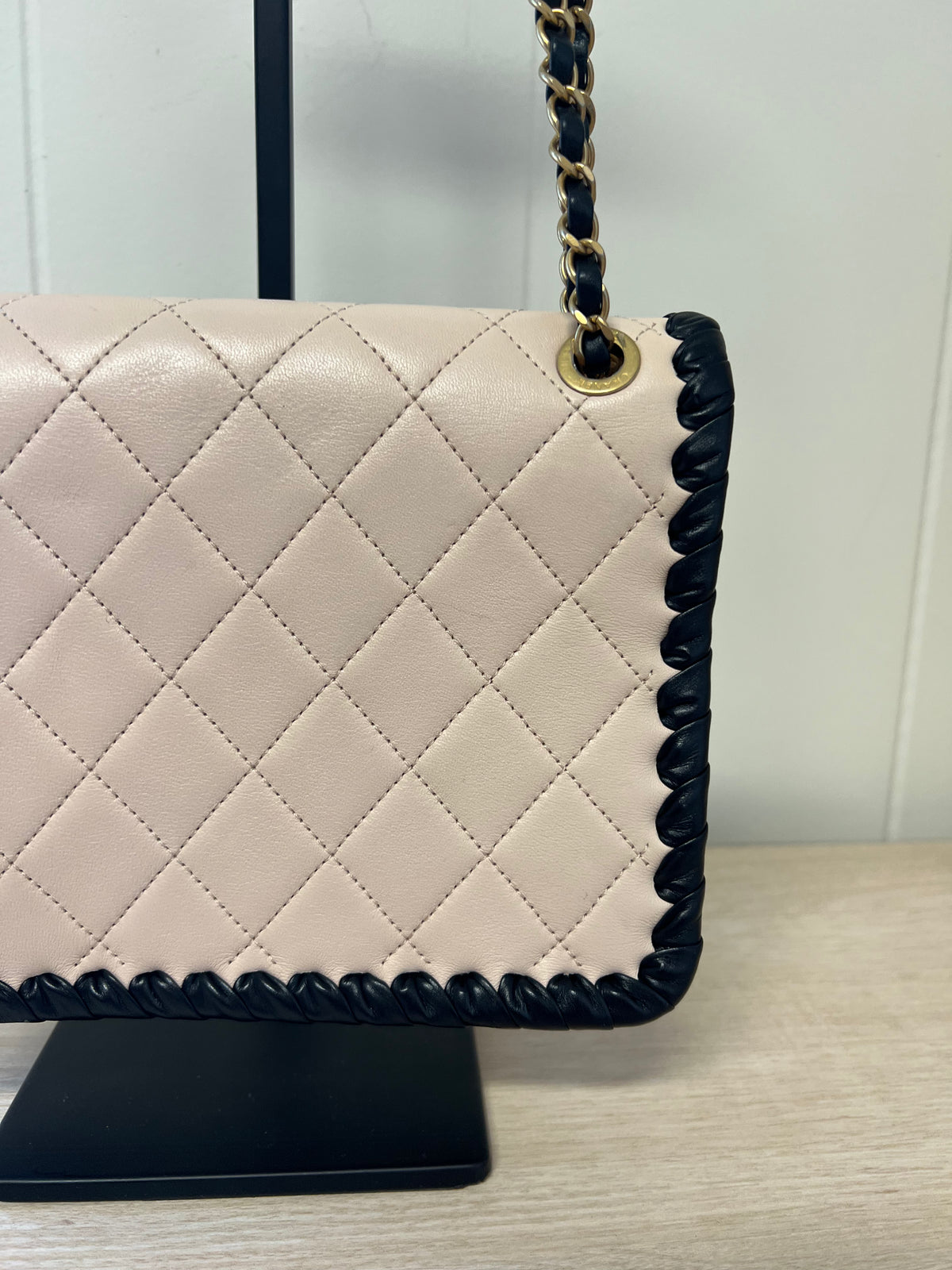 CHANEL Light Pink Lambskin & Black Whipstitch