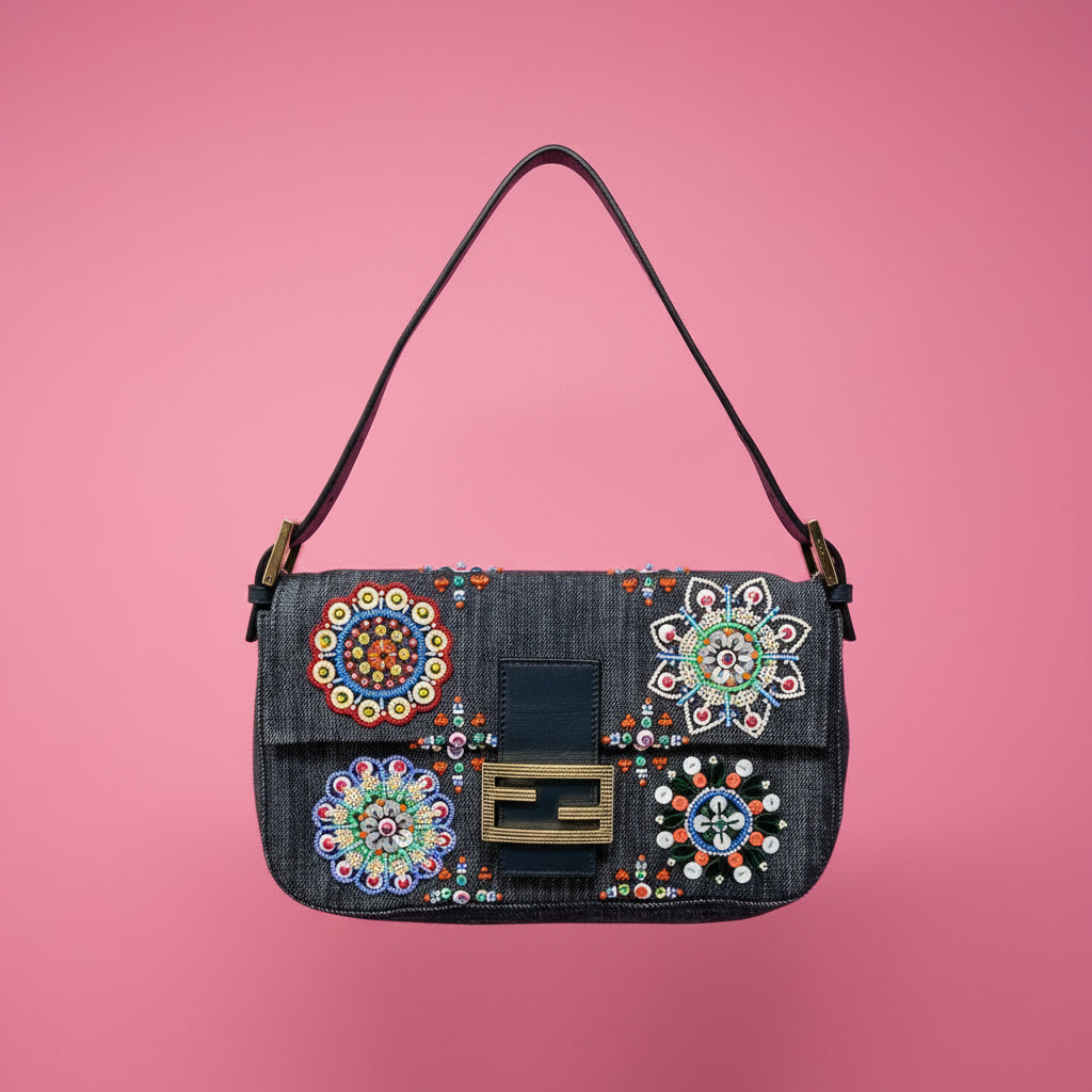 Fendi Baguette Blue Embroidered Denim Bag