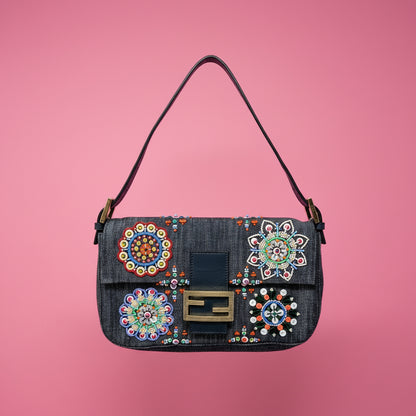 Fendi Baguette Blue Embroidered Denim Bag