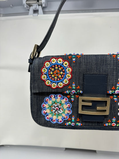 Fendi Baguette Blue Embroidered Denim Bag