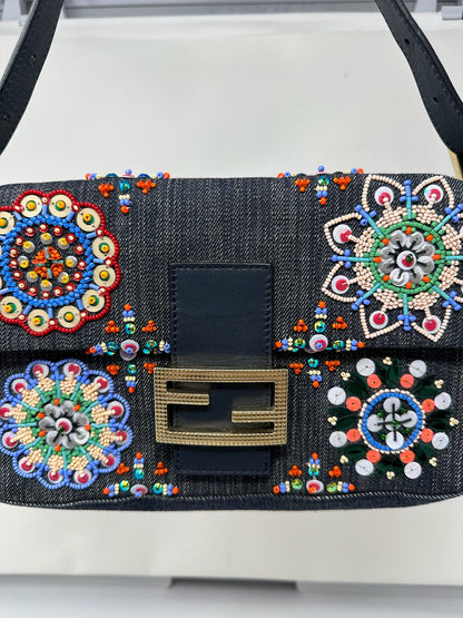 Fendi Baguette Blue Embroidered Denim Bag