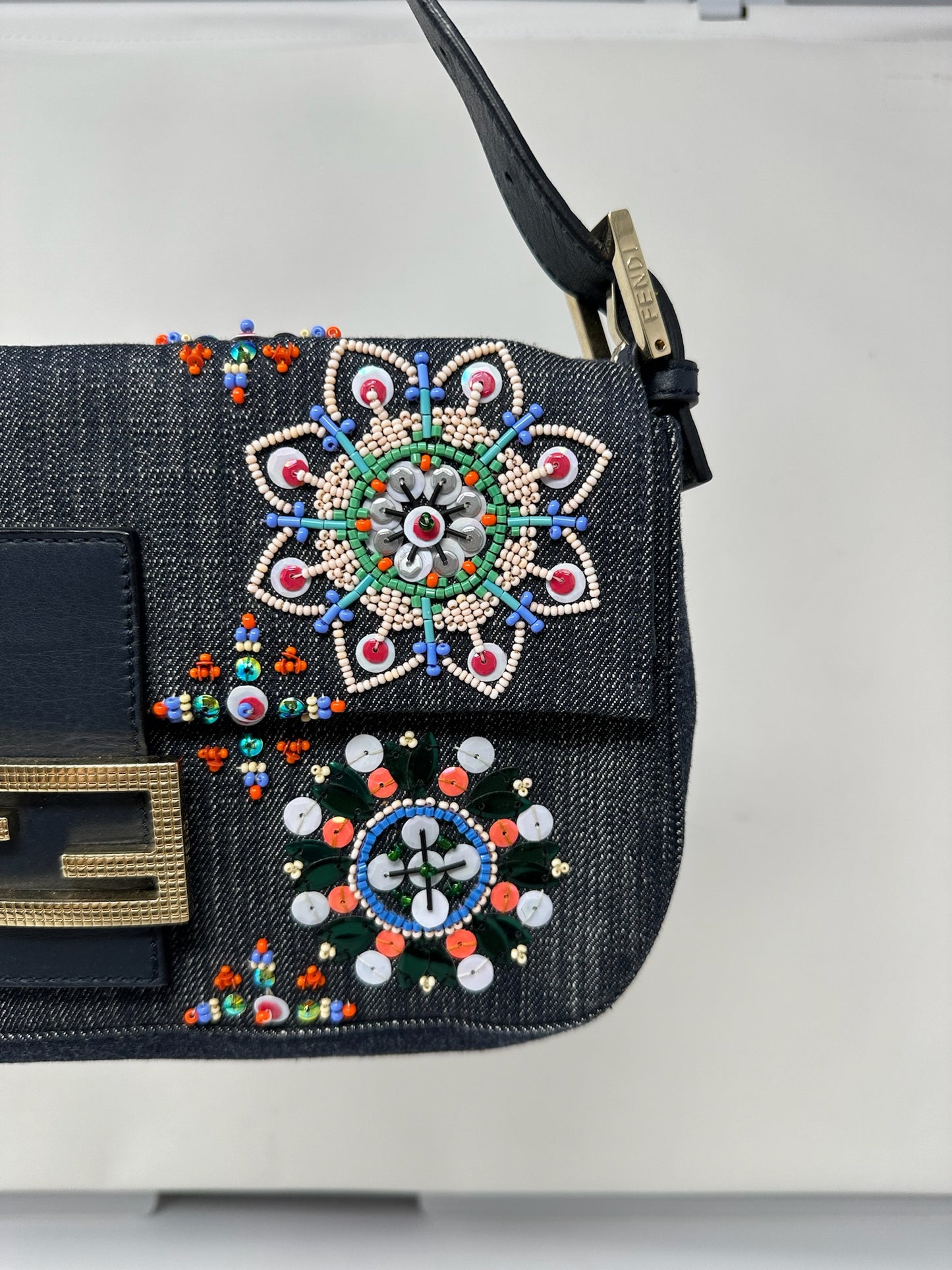 Fendi Baguette Blue Embroidered Denim Bag
