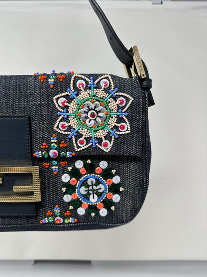 Fendi Baguette Blue Embroidered Denim Bag