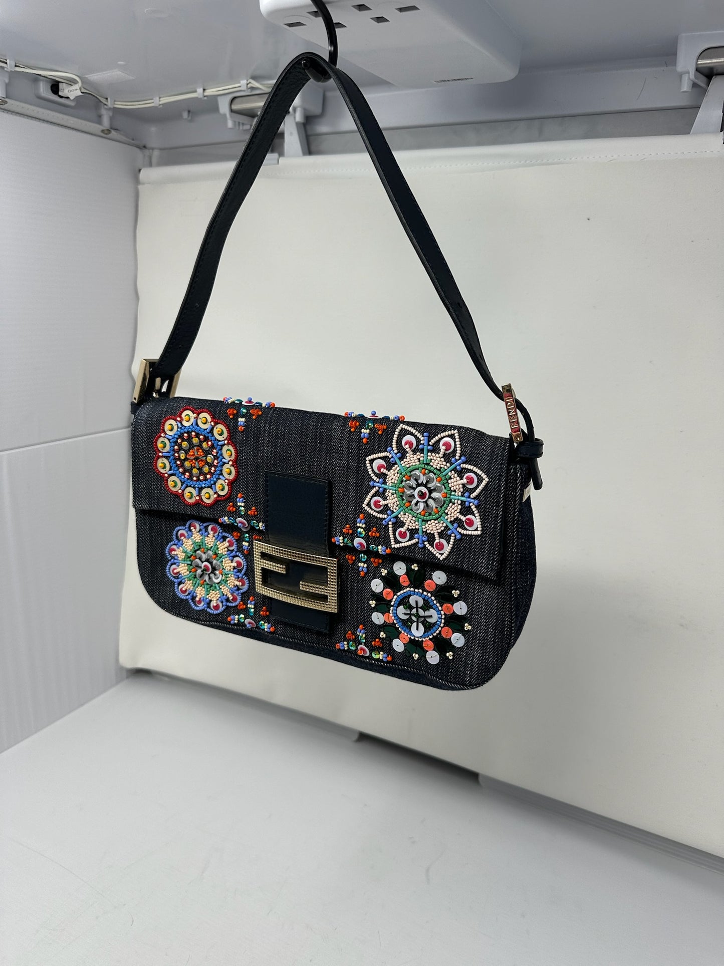 Fendi Baguette Blue Embroidered Denim Bag