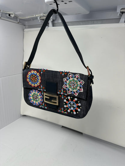 Fendi Baguette Blue Embroidered Denim Bag