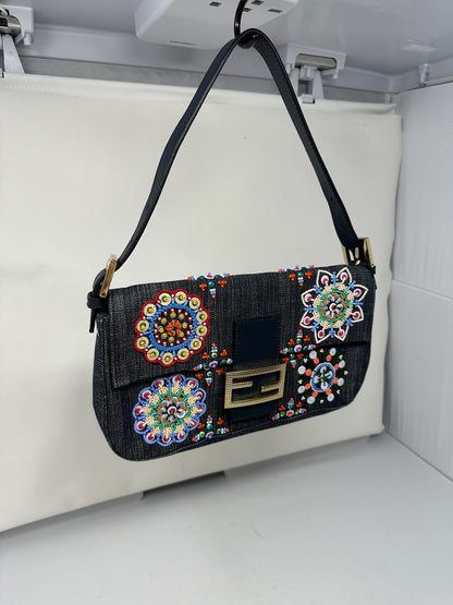 Fendi Baguette Blue Embroidered Denim Bag