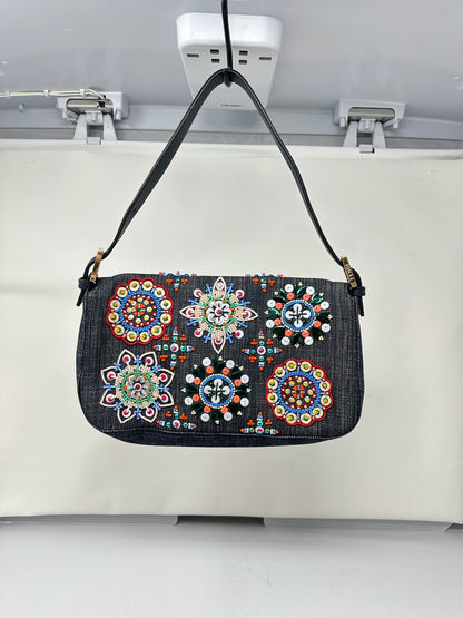 Fendi Baguette Blue Embroidered Denim Bag
