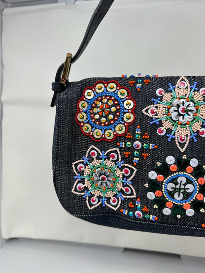 Fendi Baguette Blue Embroidered Denim Bag