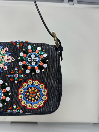 Fendi Baguette Blue Embroidered Denim Bag